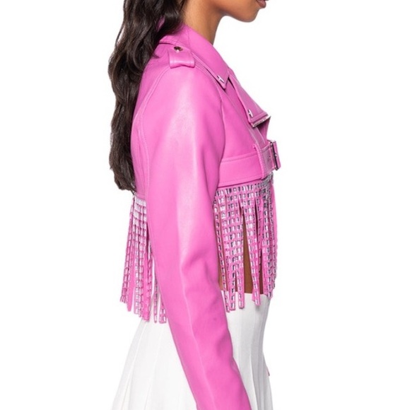 AKIRA Vibrant Pink Leather Jacket with embellished Fringe tagged XL fits more Lg - Picture 4 of 6